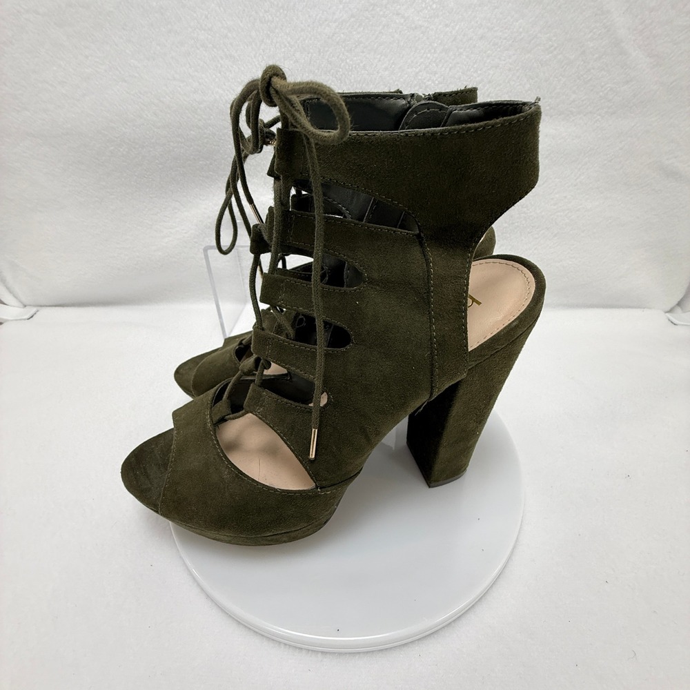 Bar III Nelly Lace Up Sandals Womens 7 Green Olive Faux Suede Block Heel Strappy